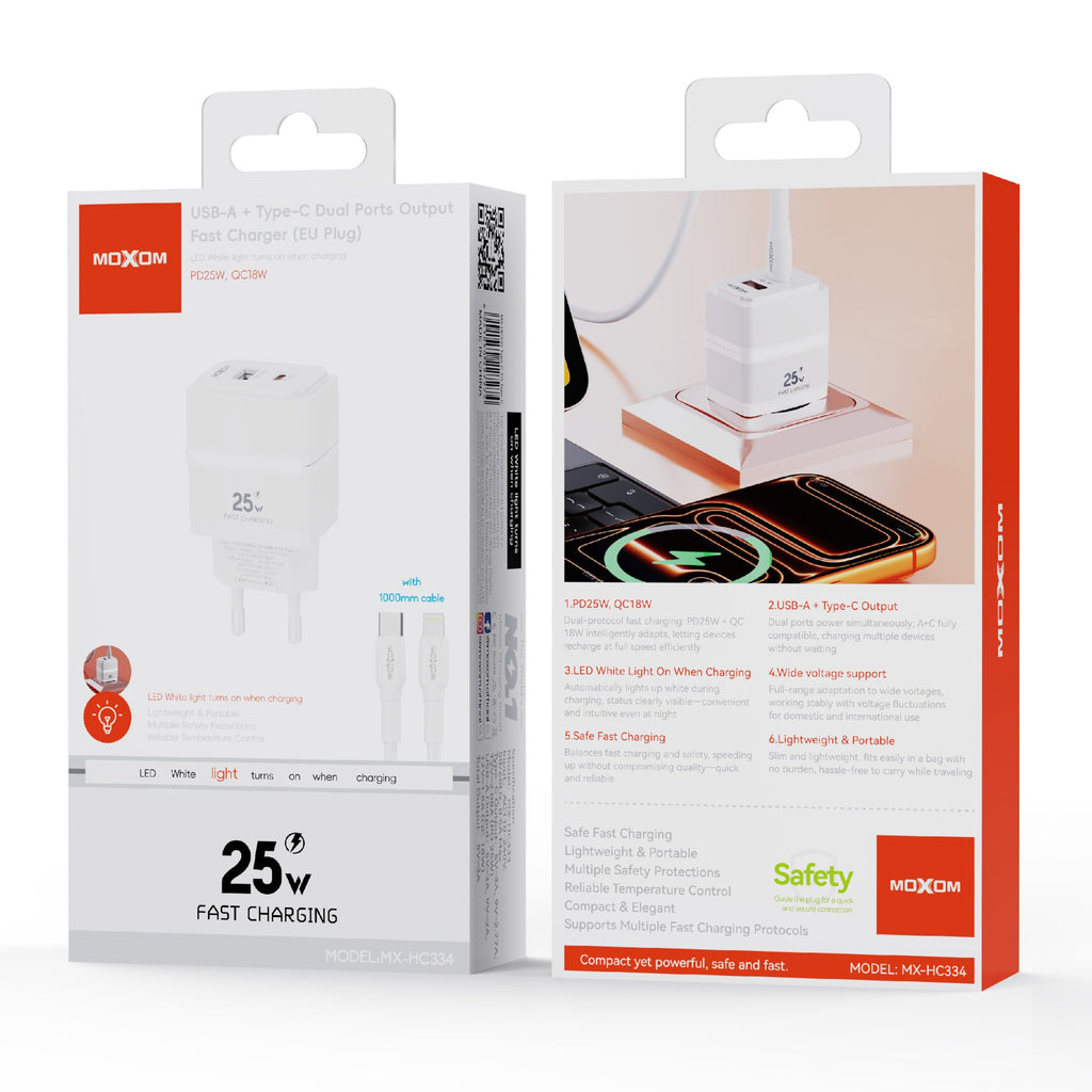 MOXOM MX-HC334 Dual USB-A & Type-C PD 25W Fast Wall Charger (EU Plug)