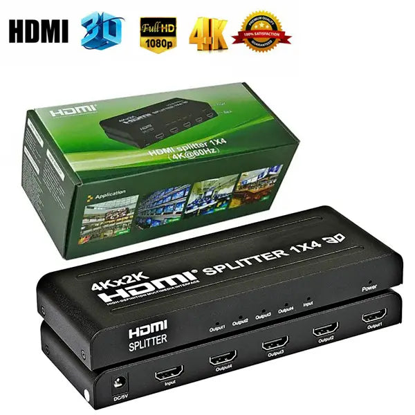4Kx2K HDMI Splitter 1 in 4 Out | 4-Way Audio Video Duplicator with Power Adapter