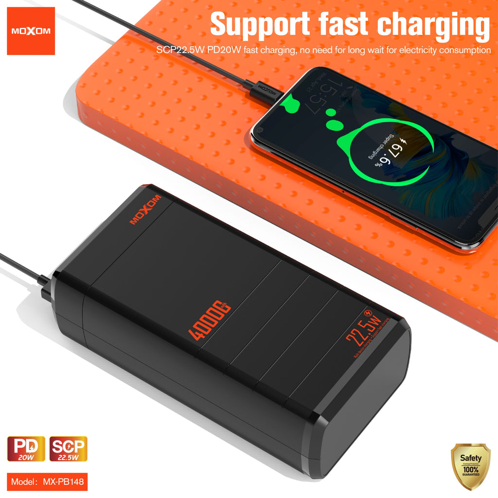 MOXOM MX-PB148, 40000mAh power bank, 22.5W SCP power bank, PD 20W power bank, high-capacity camping power bank, 3 in 1 fast charger