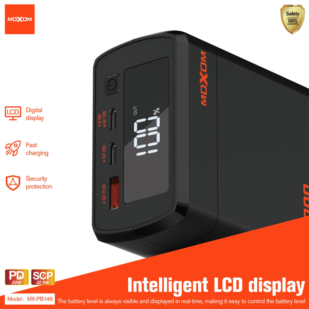 MOXOM MX-PB148, 40000mAh power bank, 22.5W SCP power bank, PD 20W power bank, high-capacity camping power bank, 3 in 1 fast charger