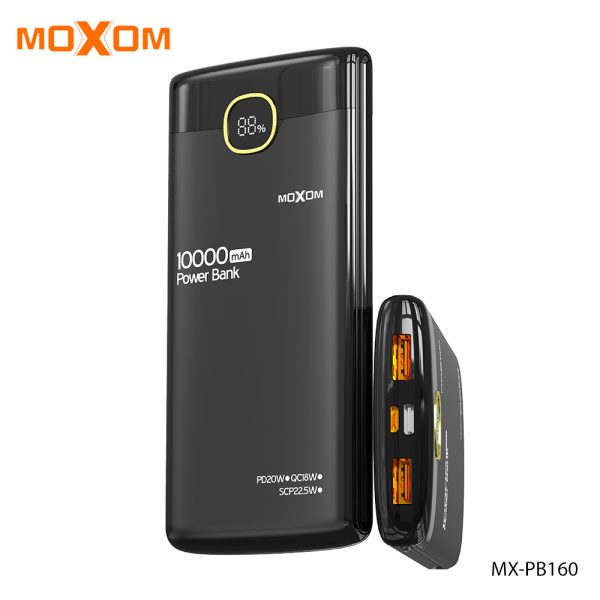 MOXOM MX-PB160 10000mAh power bank, PD 20W fast portable charger, SCP 22.5W power bank, LCD digital display power bank, airplane safe power bank