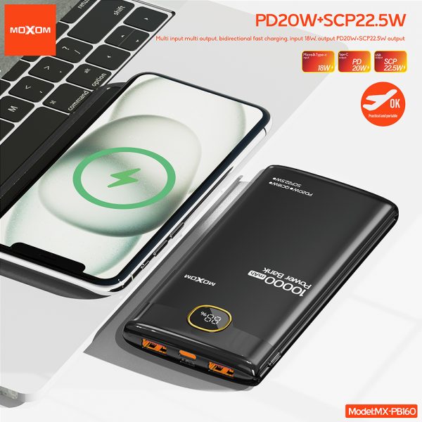 MOXOM MX-PB160 10000mAh power bank, PD 20W fast portable charger, SCP 22.5W power bank, LCD digital display power bank, airplane safe power bank