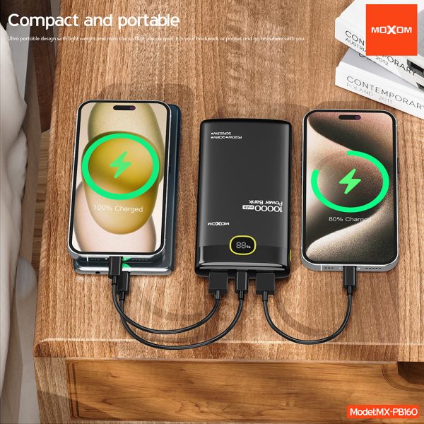 MOXOM MX-PB160 10000mAh power bank, PD 20W fast portable charger, SCP 22.5W power bank, LCD digital display power bank, airplane safe power bank