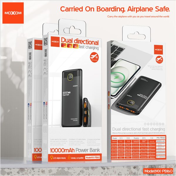 MOXOM MX-PB160 10000mAh power bank, PD 20W fast portable charger, SCP 22.5W power bank, LCD digital display power bank, airplane safe power bank