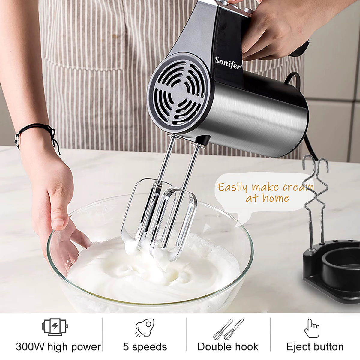 Sonifer SF-7002 Home Mixer 300w With Holder Egg Dough Hook Beater 5 Speed Control Electric Cake Hand Mixer