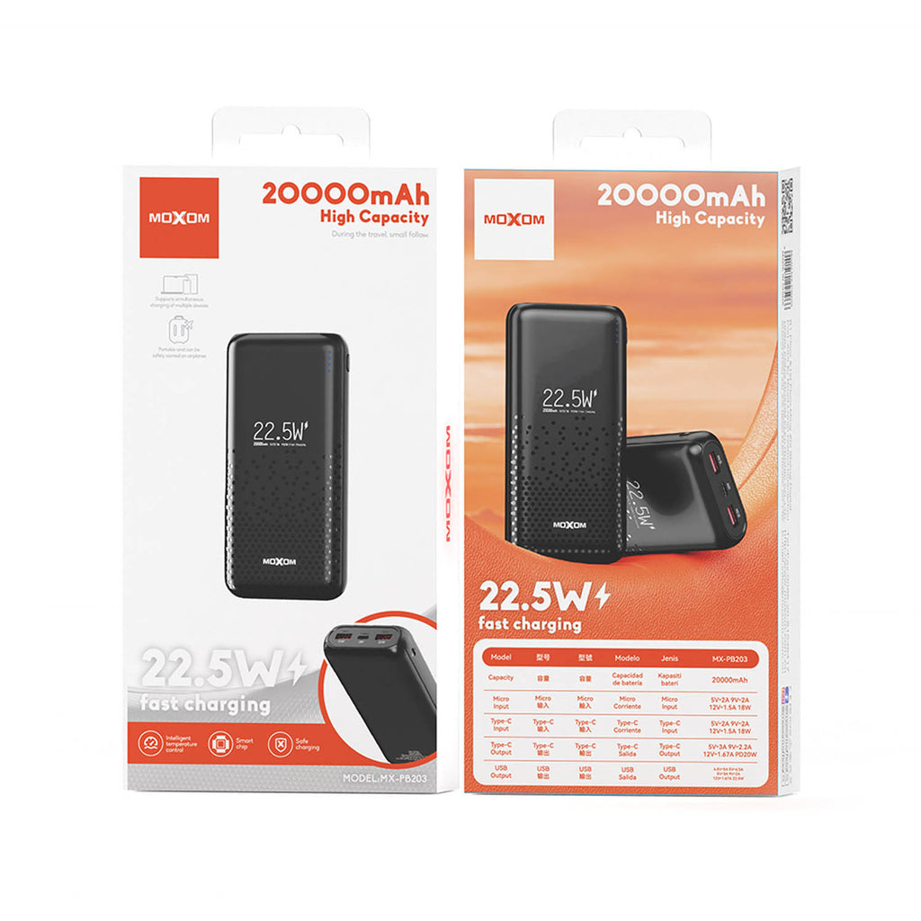 MOXOM MX-PB203, 20000mAh power bank, 22.5W fast charging power bank, PD 20W portable charger, SCP 22.5W external battery