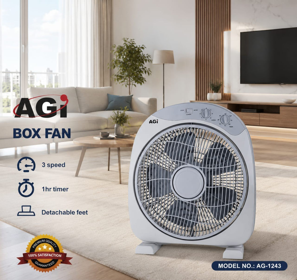 AGI Decortive Box Floor Fan Gray with Timer 3 Speed 40W 5 Blades 12nch  AG-1243