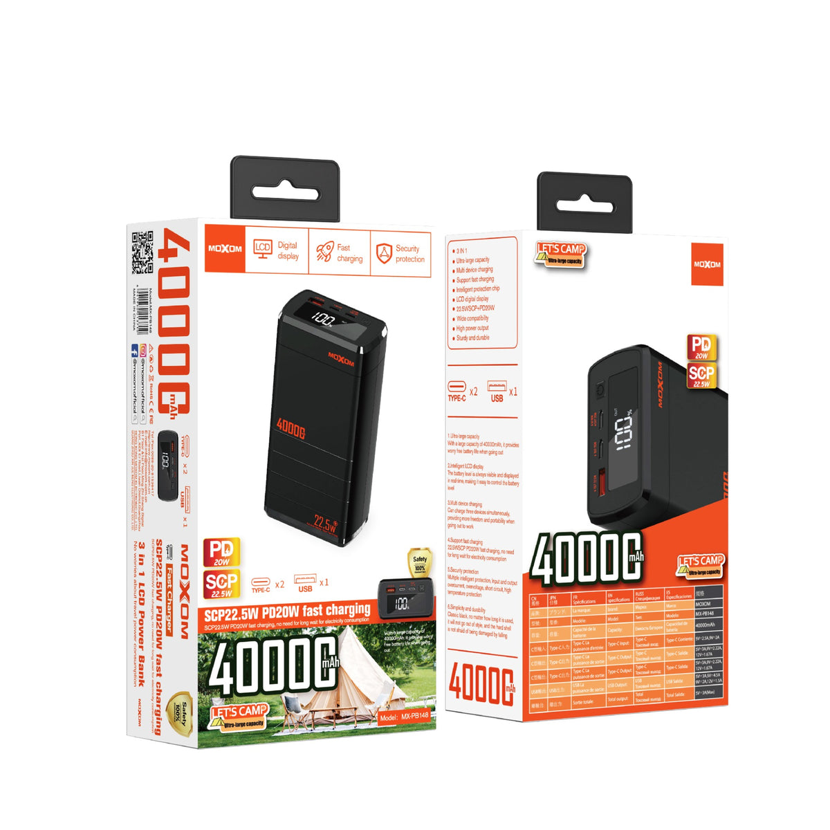 MOXOM MX-PB148, 40000mAh power bank, 22.5W SCP power bank, PD 20W power bank, high-capacity camping power bank, 3 in 1 fast charger