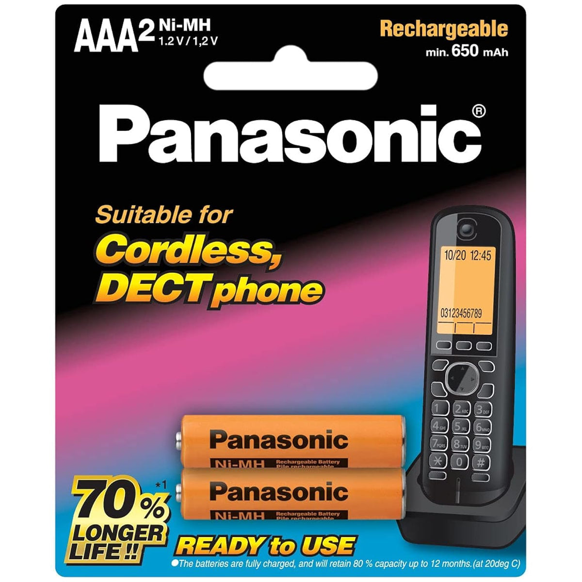 Panasonic Rechargeable AAA Batteries for DECT Phones, 2-Pack