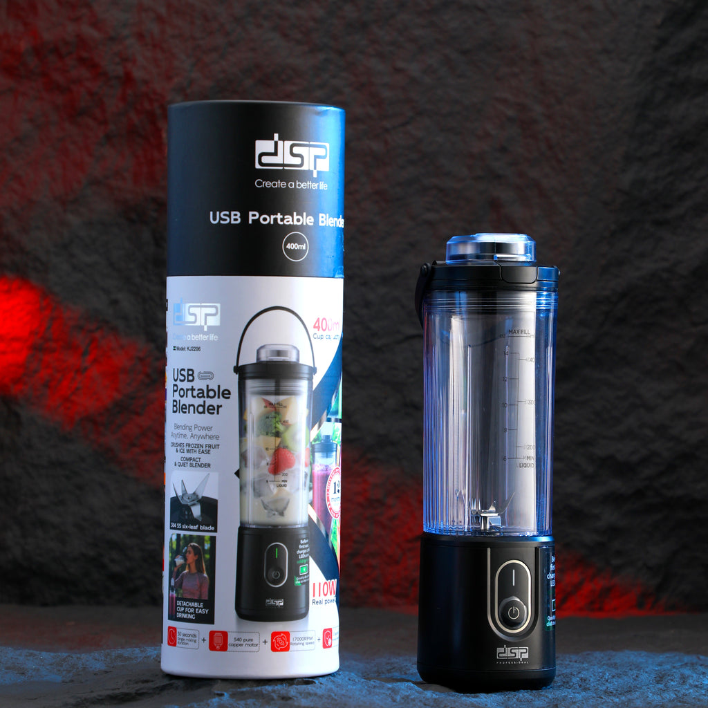 DSP KJ2206 Portable Blender, 110 Watt, 400 ml capacity, 6 stainless steel blades, USB