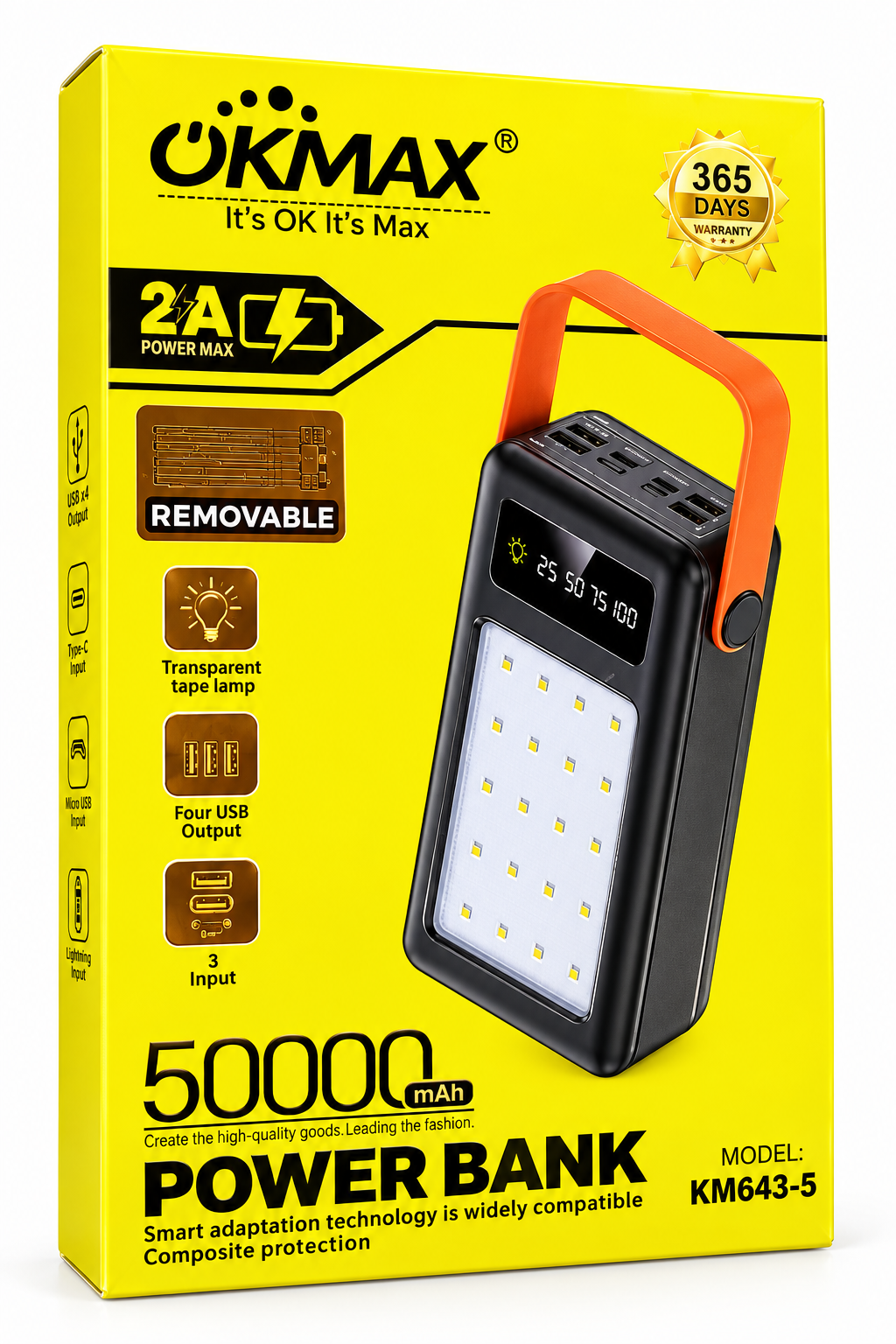 OKMAX KM643-5 50000mAh Power Bank with LED Camping Lamp & Carrying Handle